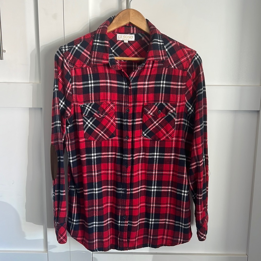 Plaid button up flannel with elbow patches. Size Large